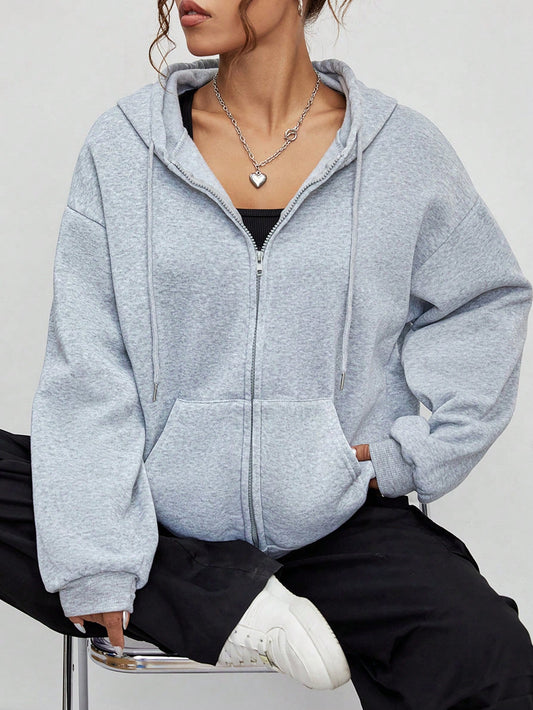 Solid Zip Up Drop Shoulder Drawstring Thermal Lined Hoodie