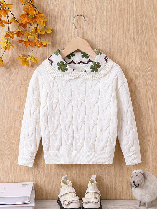 Young Girl Floral Pattern Peter Pan Collar Cable Knit Drop Shoulder Sweater