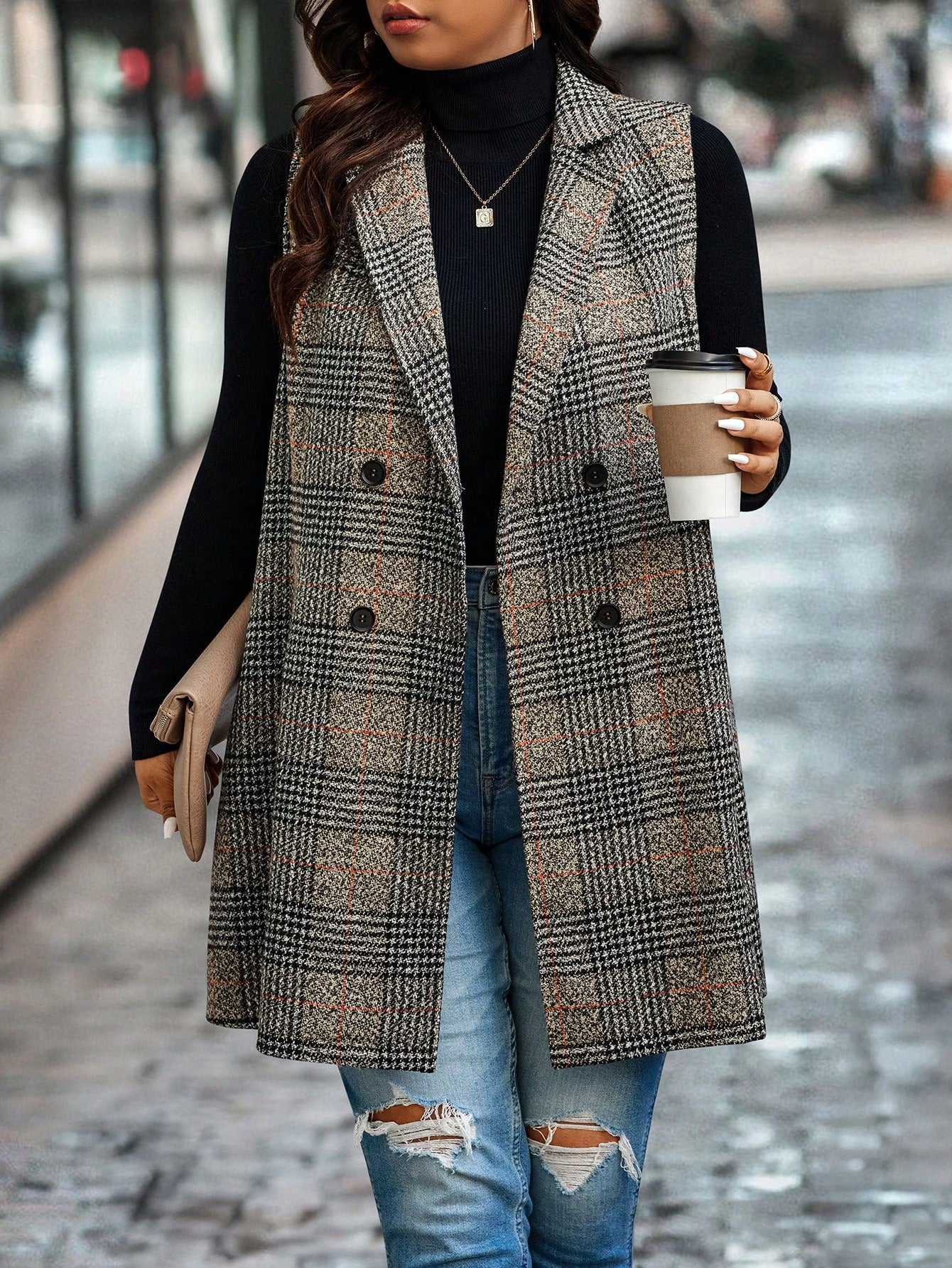 Plus Plaid Double Breasted Vest Blazer