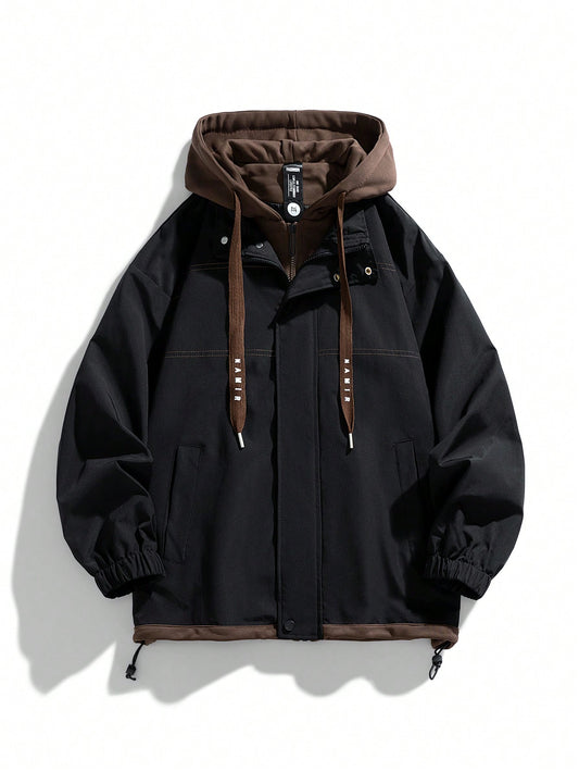 Men Letter Graphic Drawstring Hem Hooded Jacket