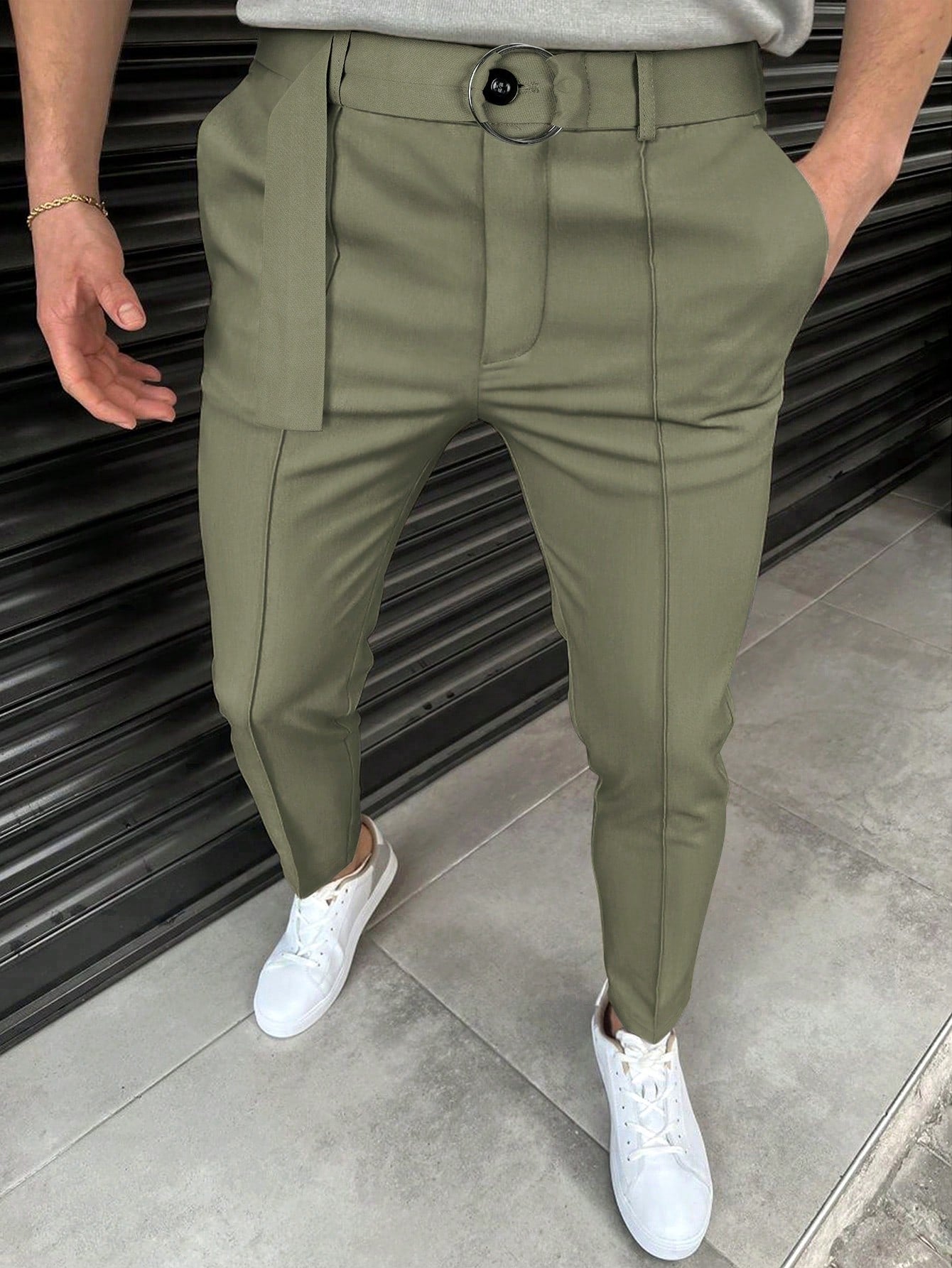 Men Slant Pocket Belted Suit Pants