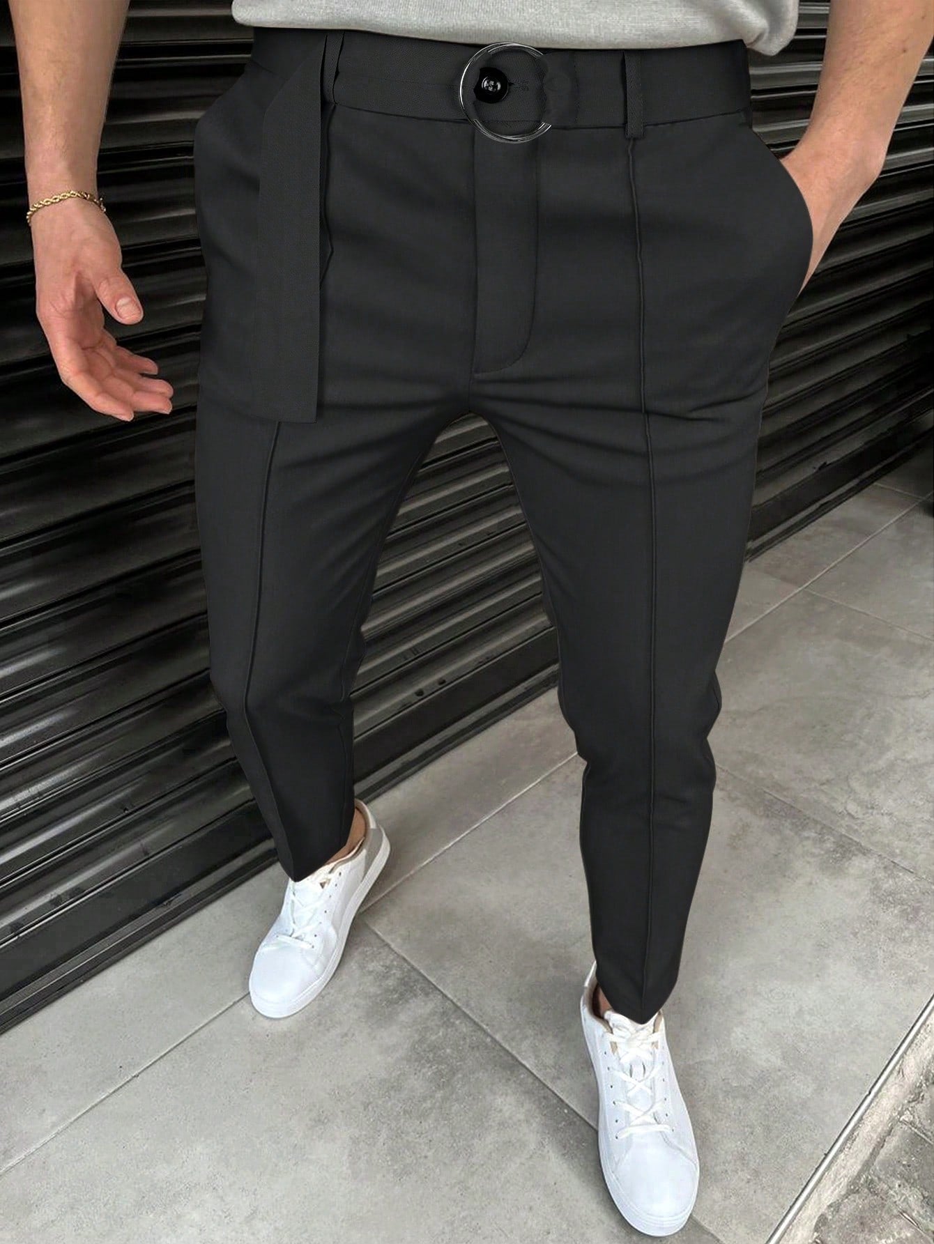 Men Slant Pocket Belted Suit Pants