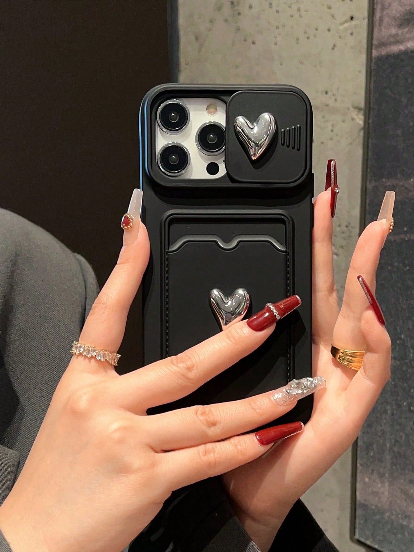 Sliding Electroplated Double Heart Shape Photo Frame Card Slot Phone Case Compatible With Iphone