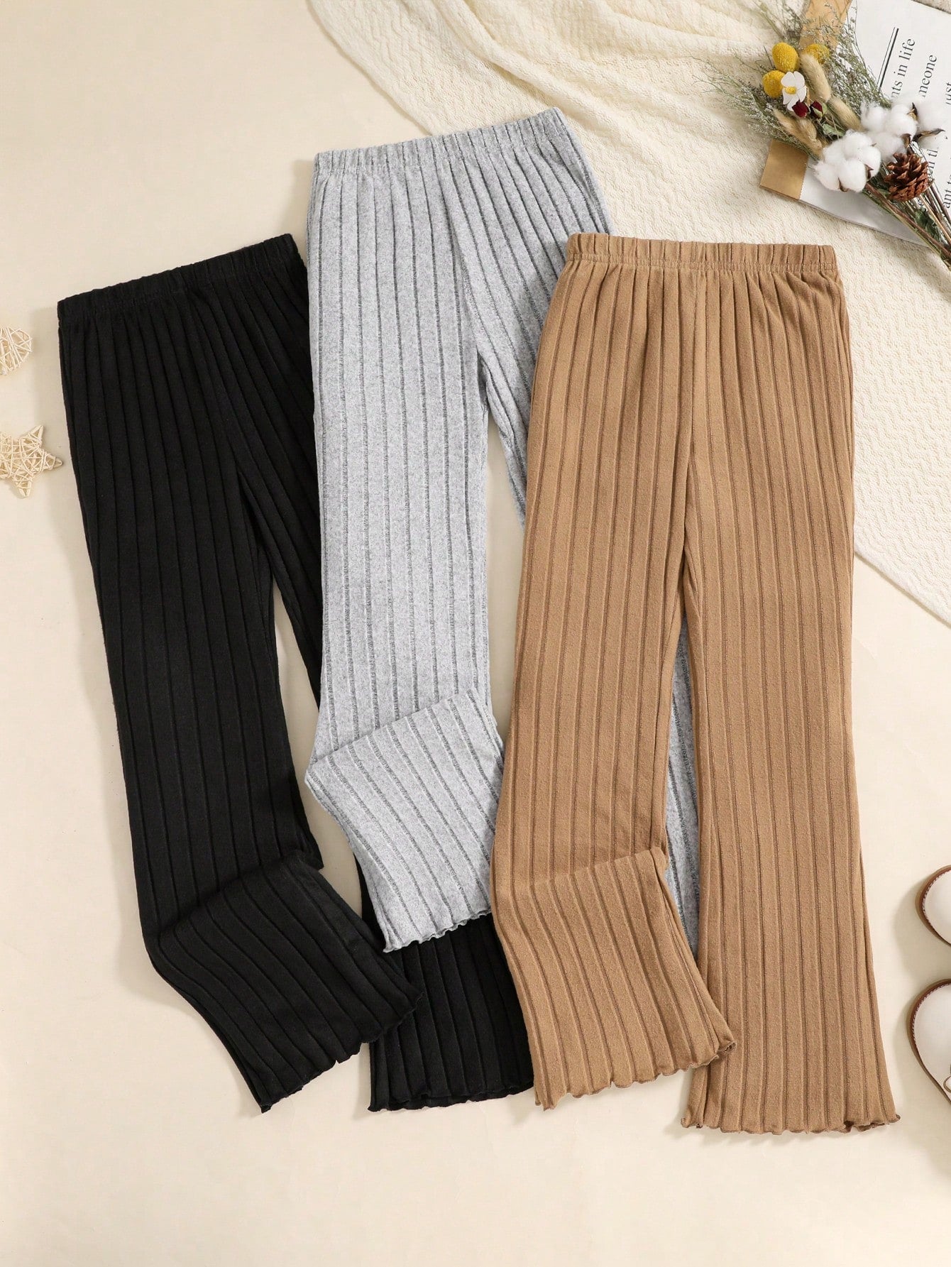 Tween Girl 3pcs Ribbed Knit Lettuce Trim Pants