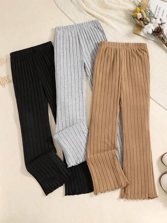 Tween Girl 3pcs Ribbed Knit Lettuce Trim Pants