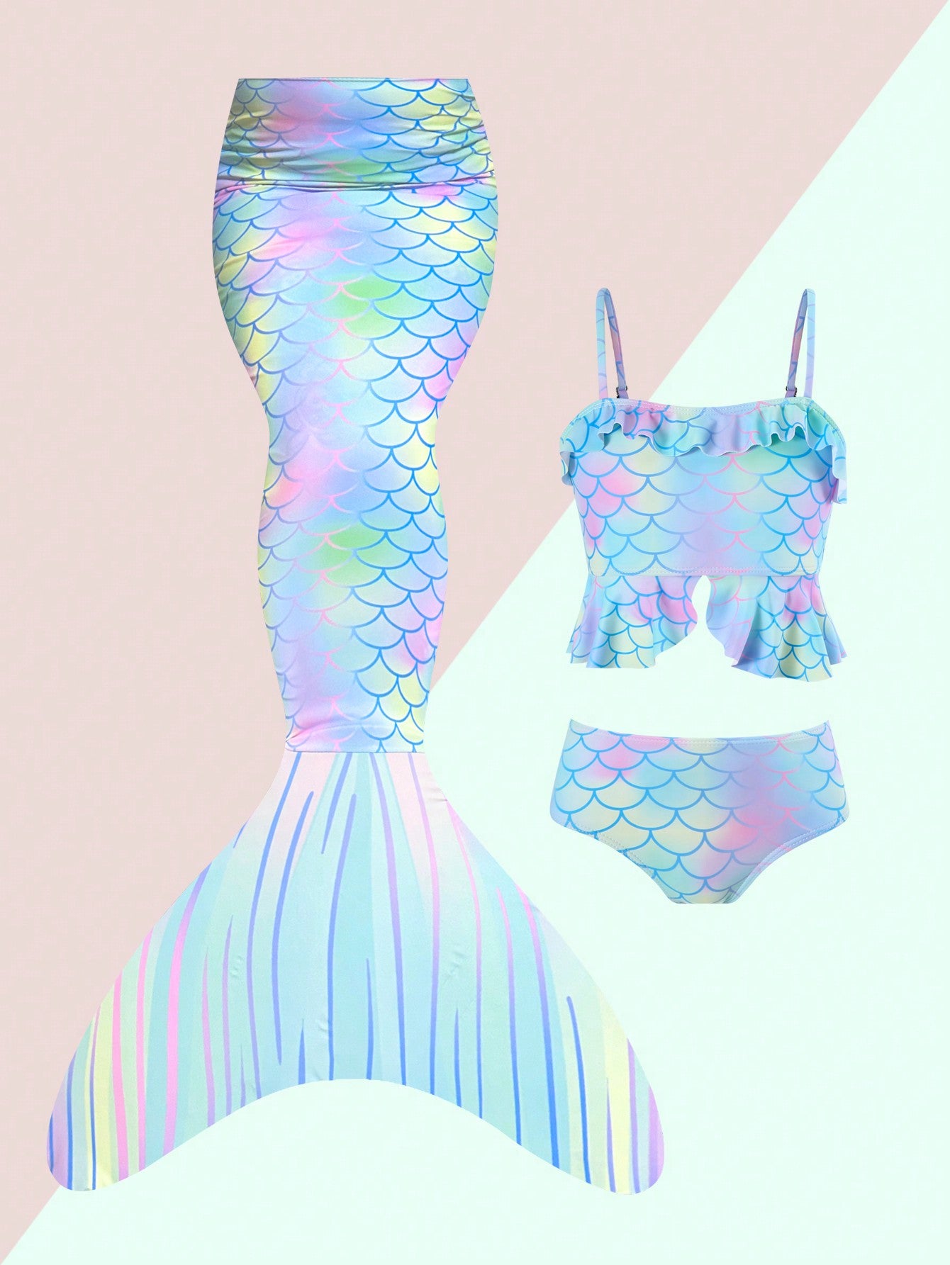 Young Girl Mermaid Scale Printed Swimsuit Set