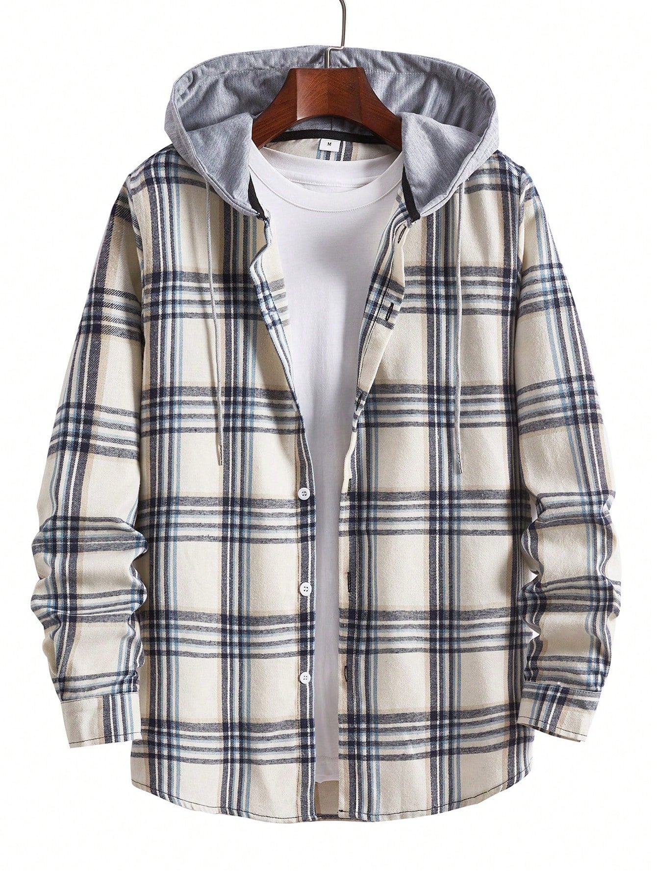 Men Plaid Drawstring Hooded Shacket Without Tee