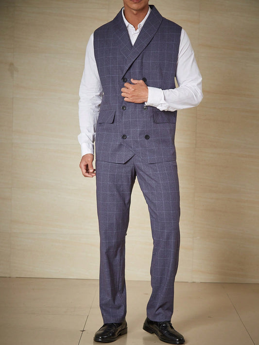 Men Plus Plaid Double Breasted Waistcoat & Suit Pants Set Without Shirt