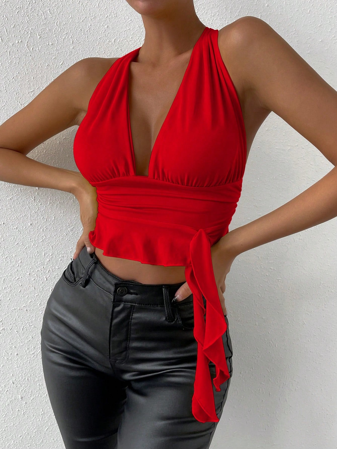 Glamour Plunging Neck Ruffle Trim Crisscross Backless Knot Side Crop Tank Top