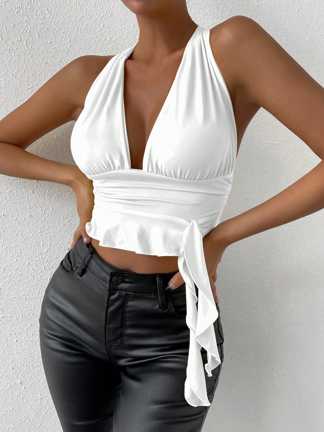 Glamour Plunging Neck Ruffle Trim Crisscross Backless Knot Side Crop Tank Top