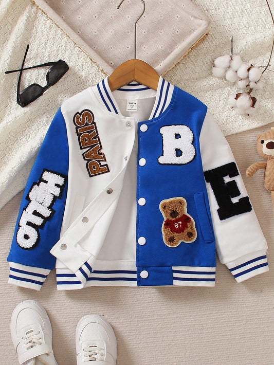 Young Boy Letter & Bear Patched Striped Trim Varsity Jacket