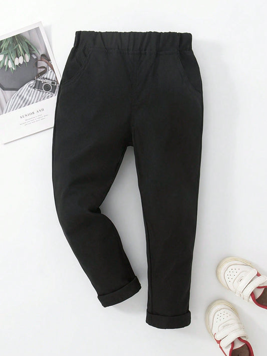 Young Boy Black Elastic Waist Long Pants, Spring & Autumn Comfortable Casual Trousers For Everyday Wear, Beach, Vacation, And Parties In Summer