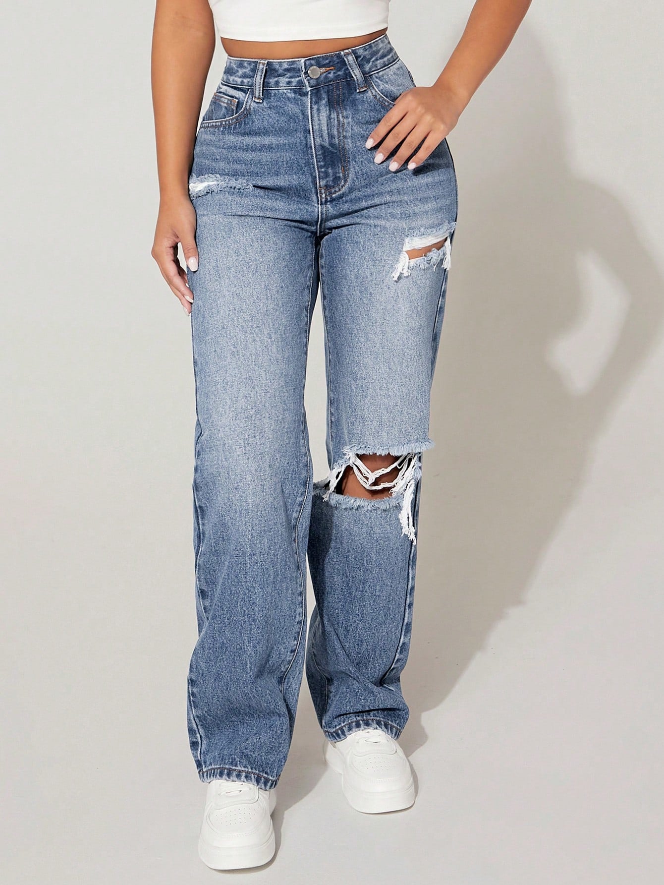 High Waist Cut Out Ripped Frayed Straight Leg Jeans