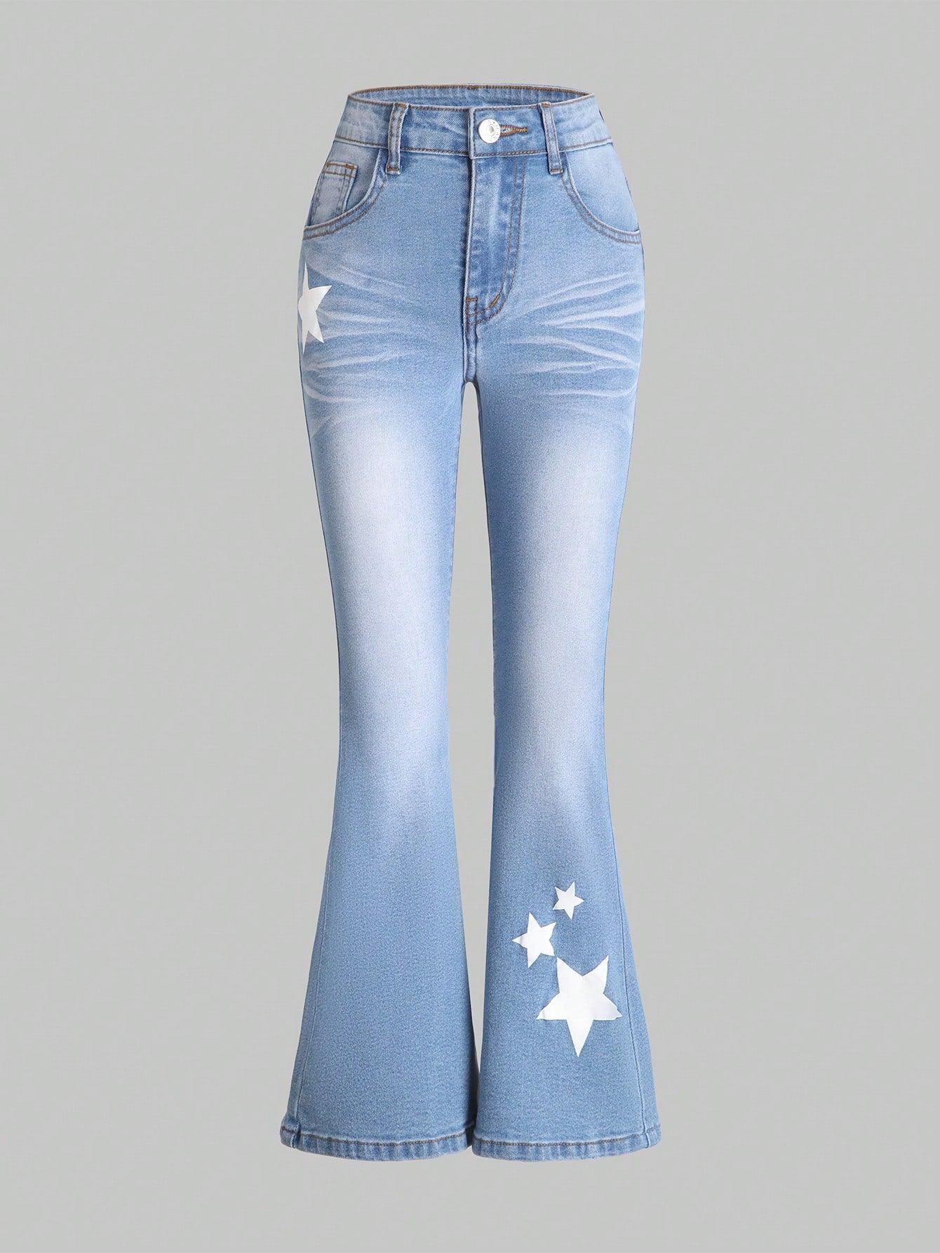 Tween Girl All-Match Stretch Skinny Flared Jeans With Star Print, Water Washed, Slim Fit