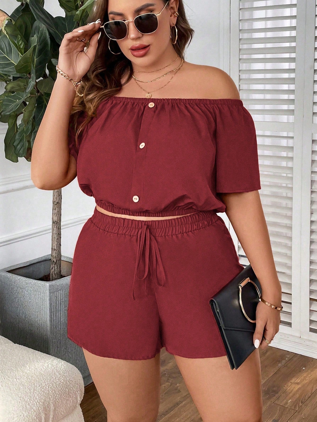 Plus Off Shoulder Button Front Top & Knot Front Shorts