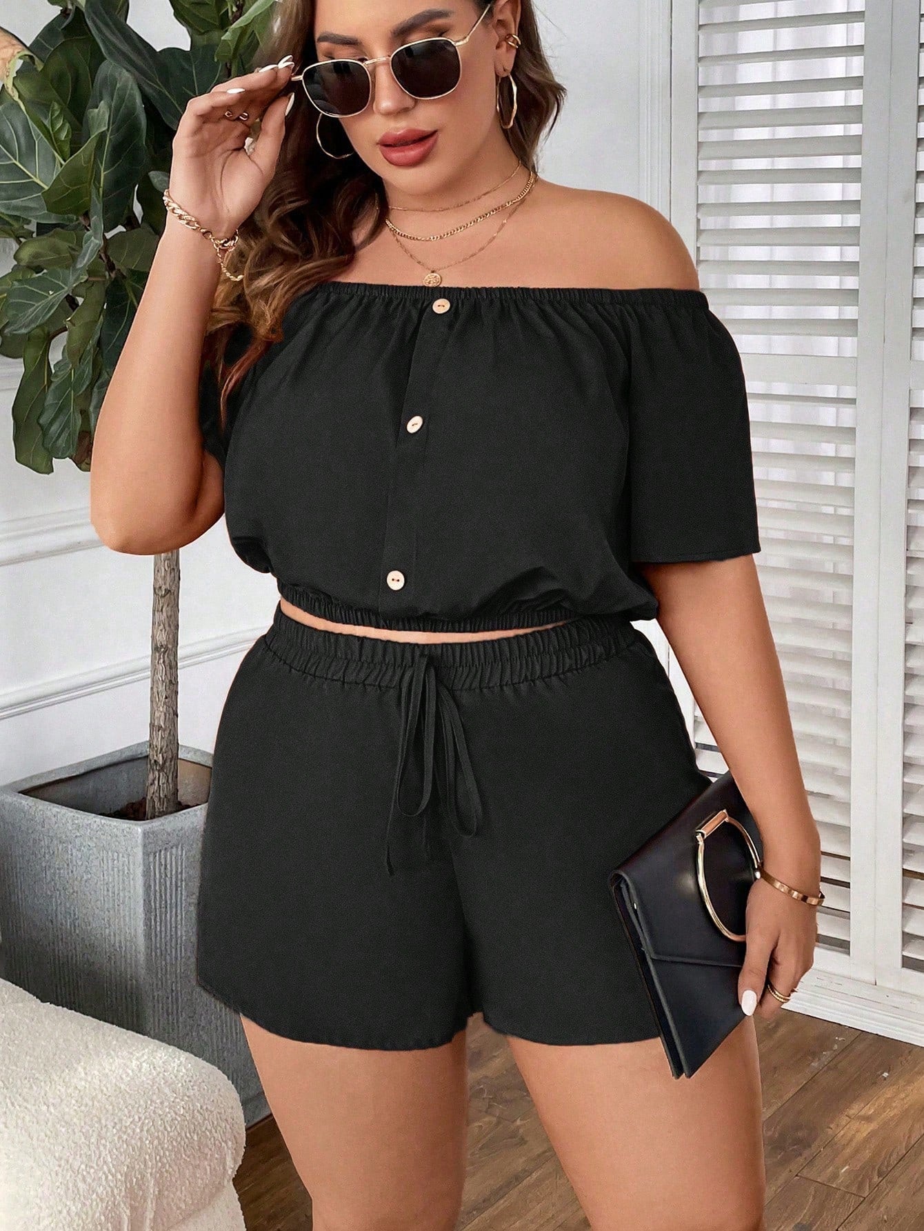 Plus Off Shoulder Button Front Top & Knot Front Shorts