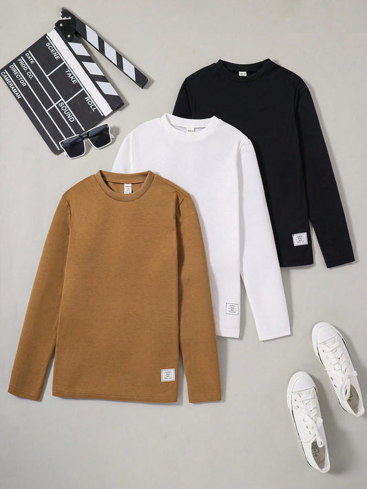 Tween Boy 3pcs Knitted Casual Round Neck Long Sleeve T-Shirt Set, Autumn