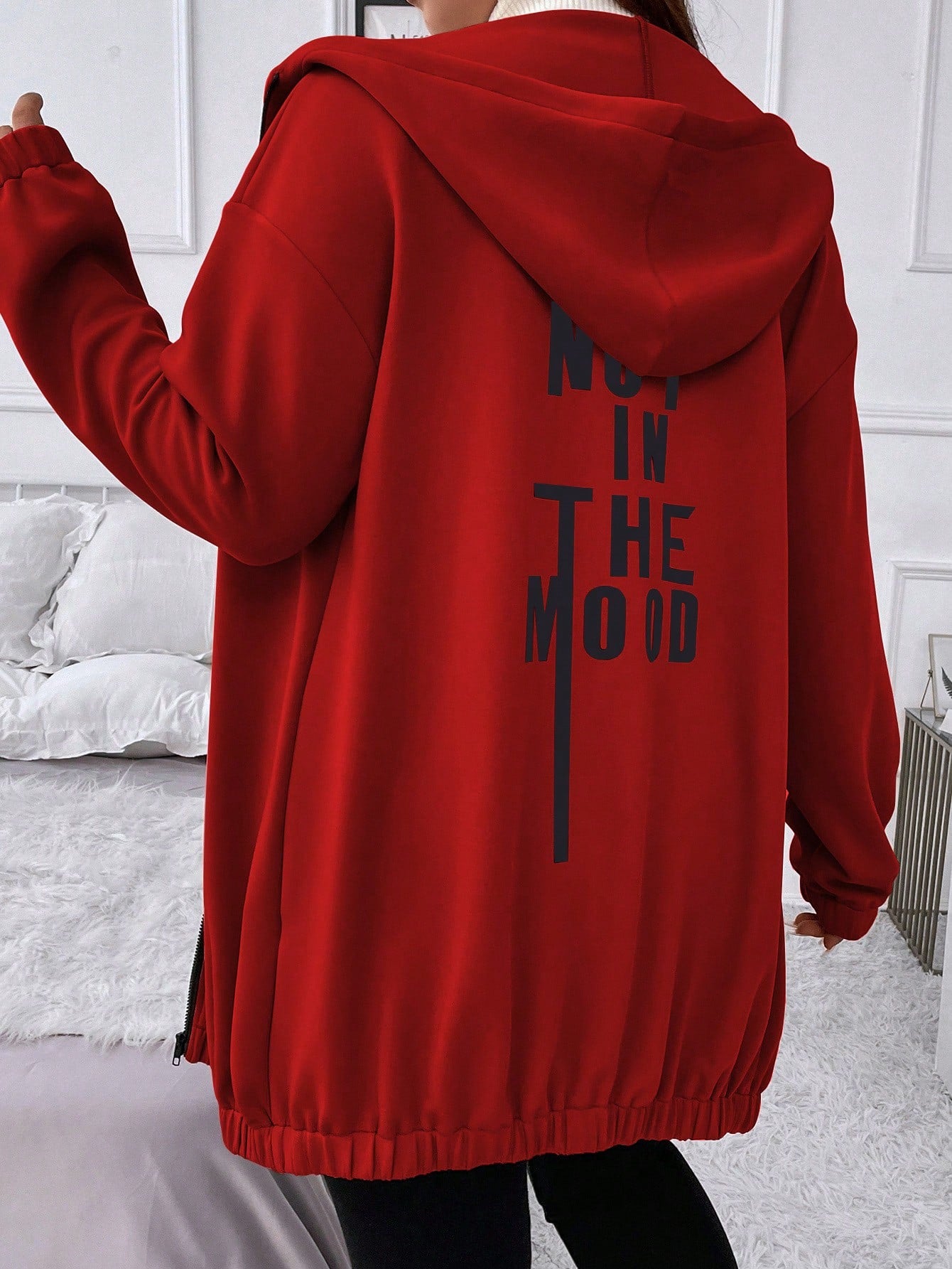 Plus Slogan Graphic Drop Shoulder Hooded Jacket