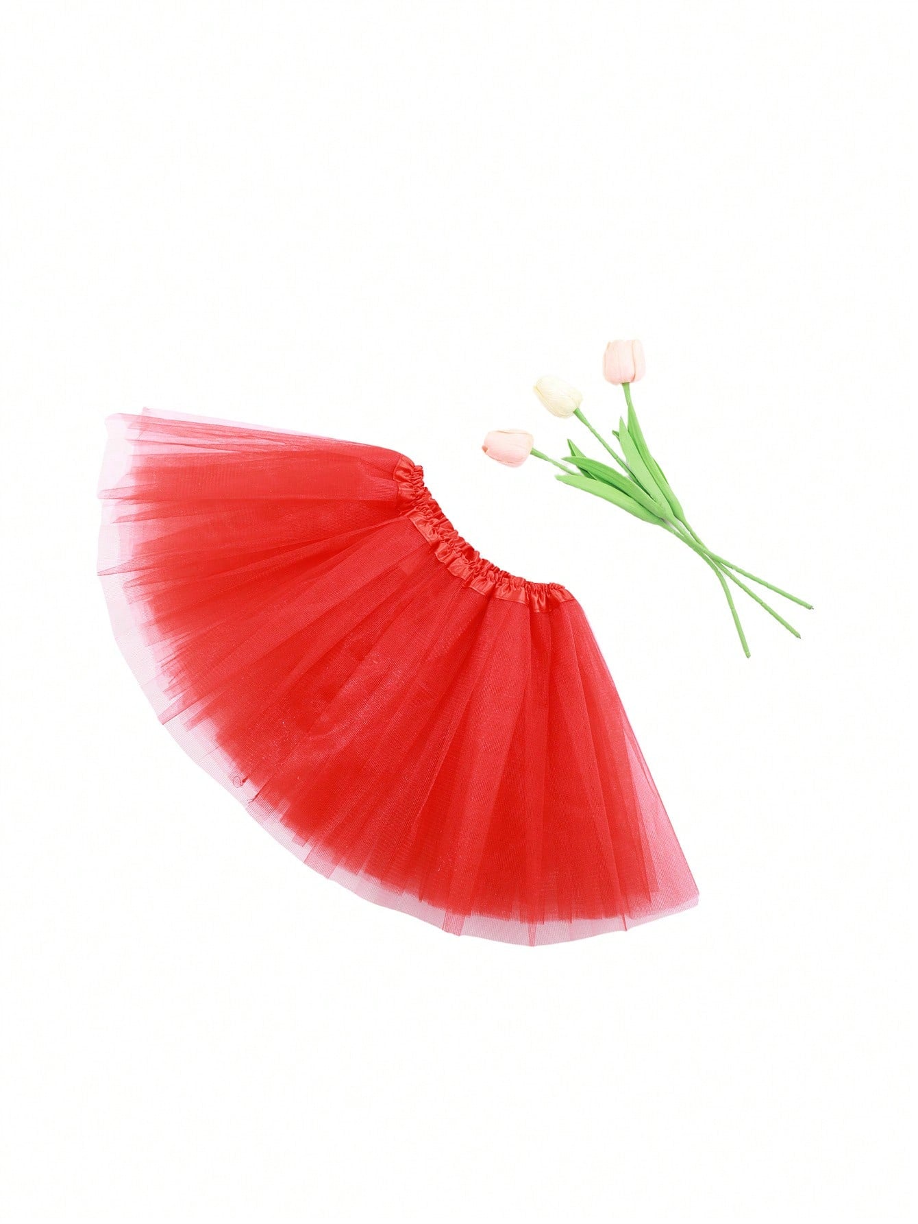 Young Girl Solid Color Tutu Skirt With Mesh Fabric, Suitable For Casual And Stage Performance