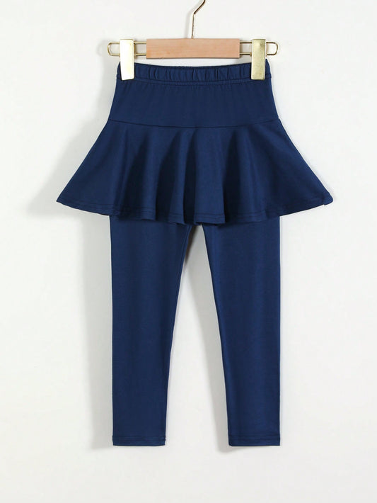 Young Girl 2 In 1 Skirt And Leggings, Sweet And Cute Style, Solid Color, Spring And Autumn Long Pants, Dark Blue