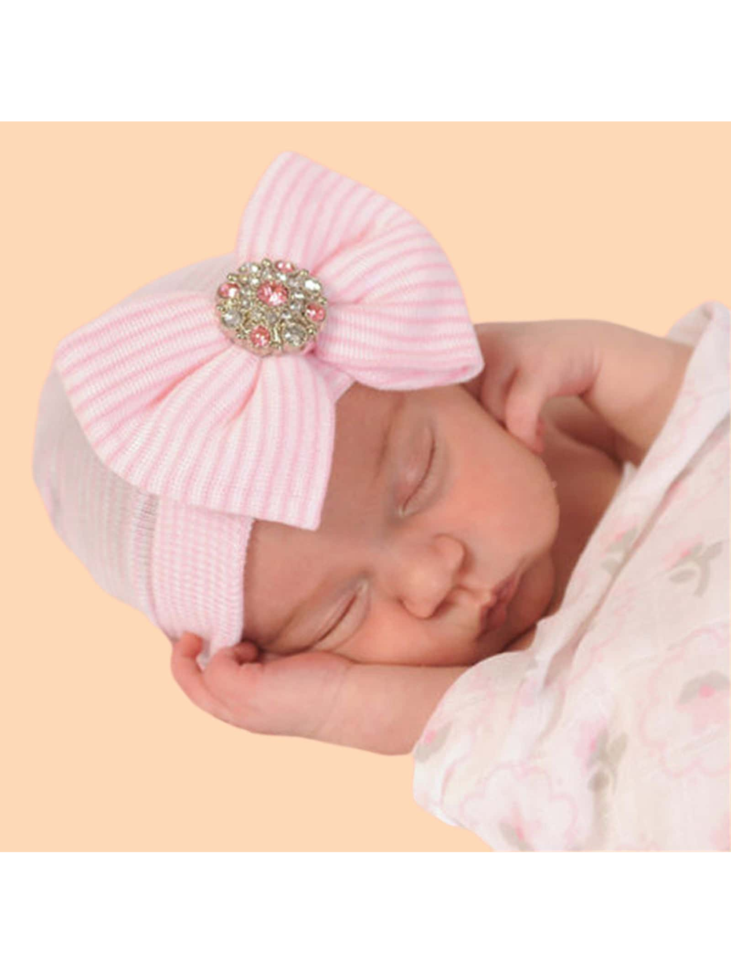 1pc Pink Newborn Baby Beanie, Knitted Cap With Cute Butterfly Shape Applique And Diamante Decor