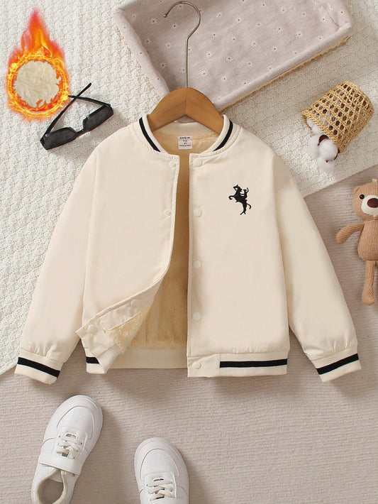 Young Boy Figure & Horse Print Striped Trim Thermal Lined Varsity Jacket