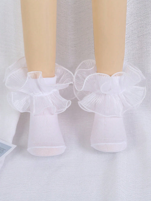 1pair Kids' Solid Color Fashionable Lace Frilled Short Socks For Dancing Or Princess Costume