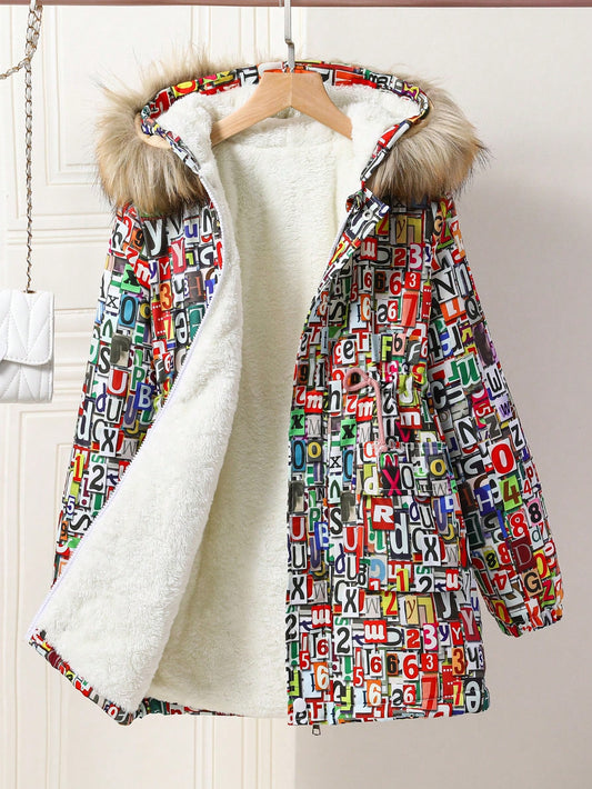 Tween Girl's Letter Printed Padded Coat With Fur Collar And Hood