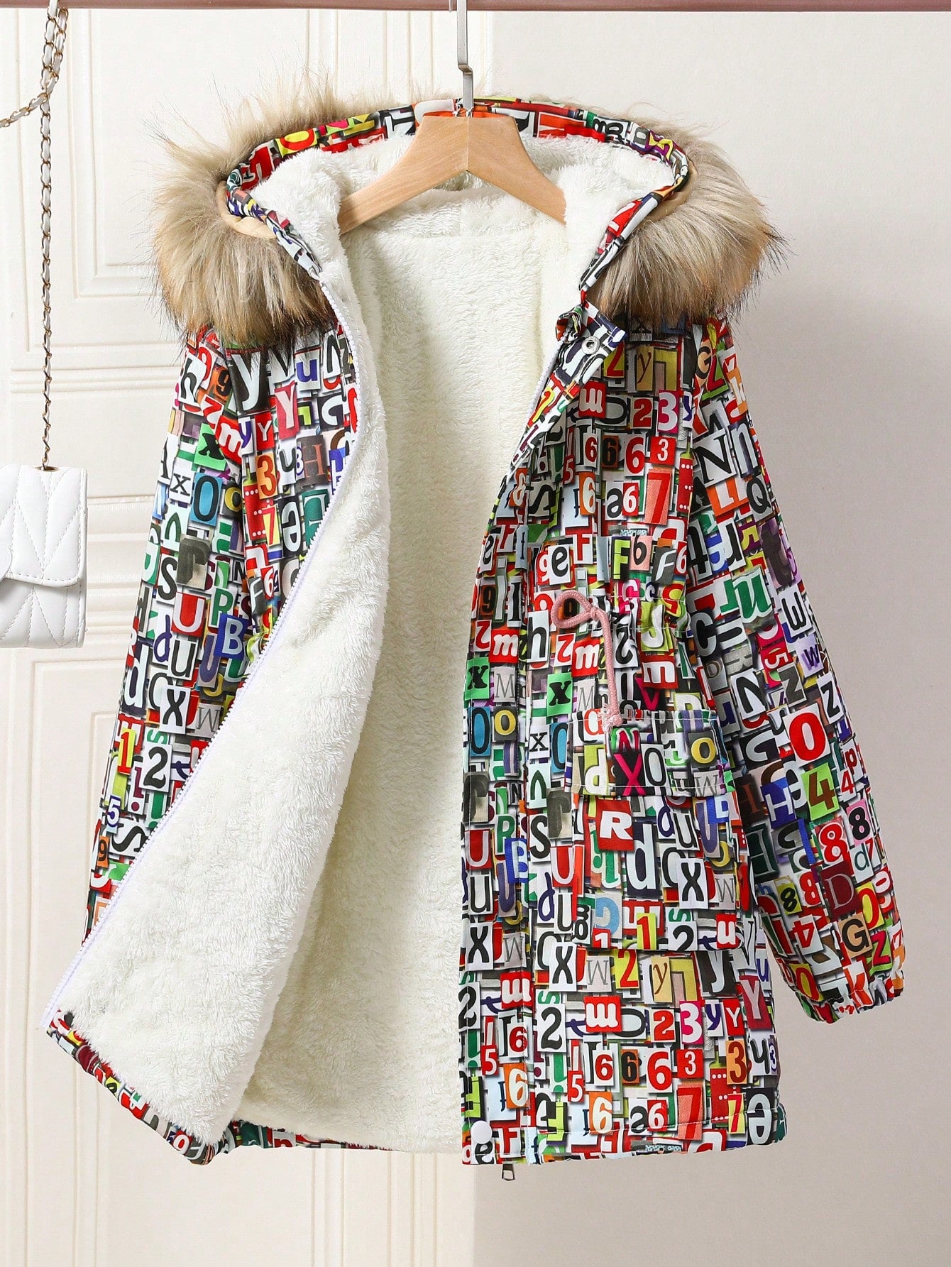 Tween Girl's Letter Printed Winter Coat With Fur Collar And Hood