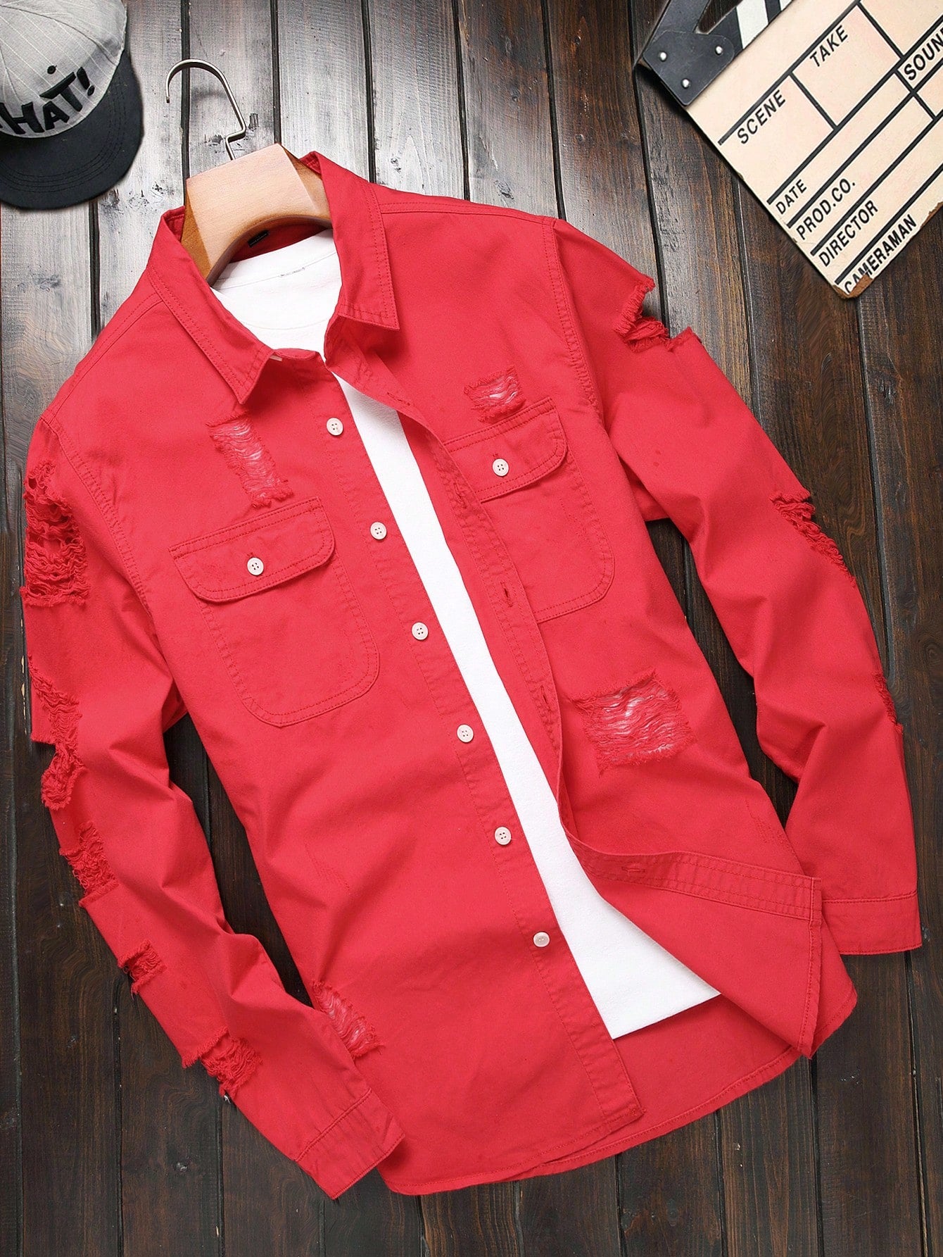 Men's Long Sleeve Distressed Denim Shirt