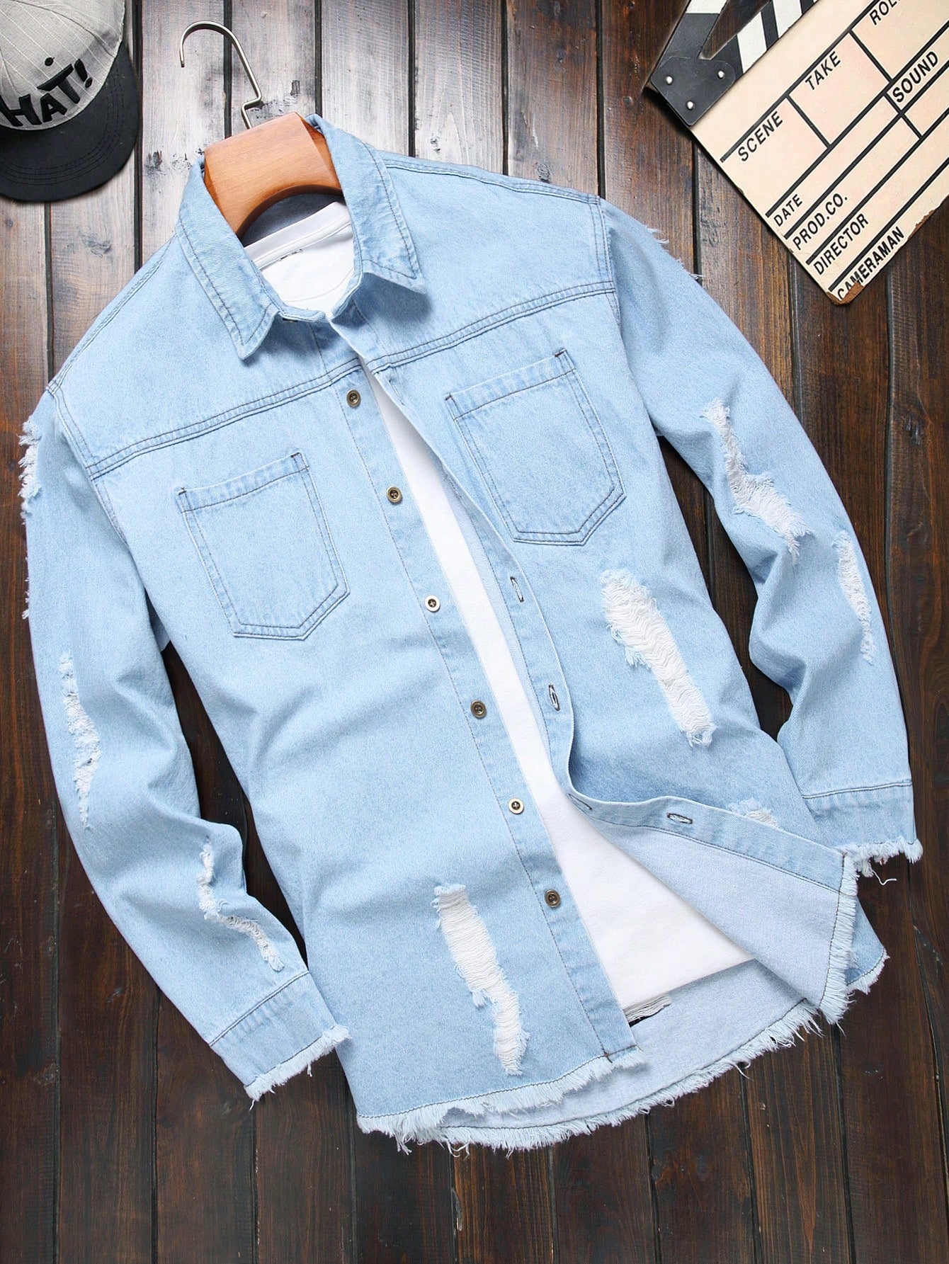 Men Ripped Frayed Raw Trim Denim Shirt Without Tee