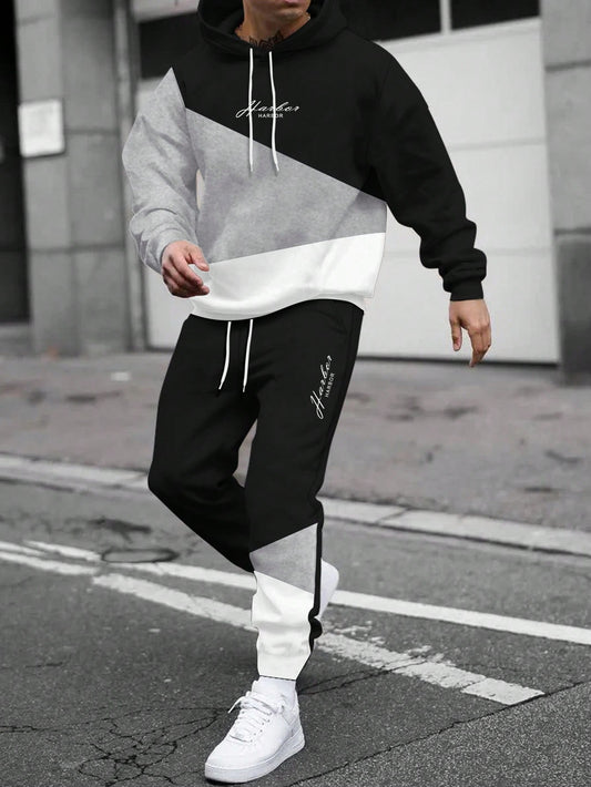 Men Letter Graphic Colorblock Drawstring Hoodie & Sweatpants