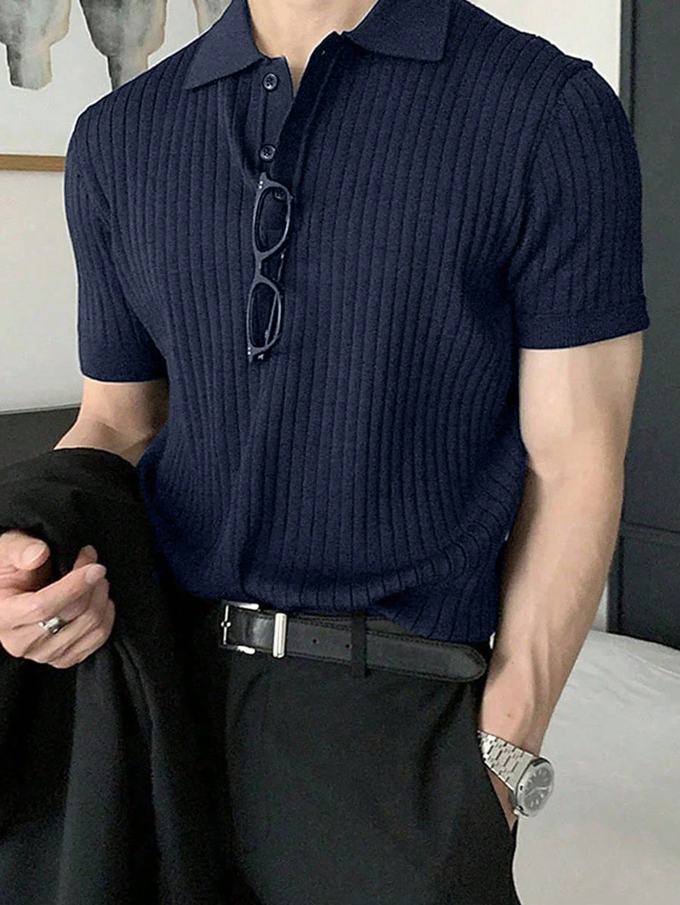 Men Ribbed Knit Polo Shirt