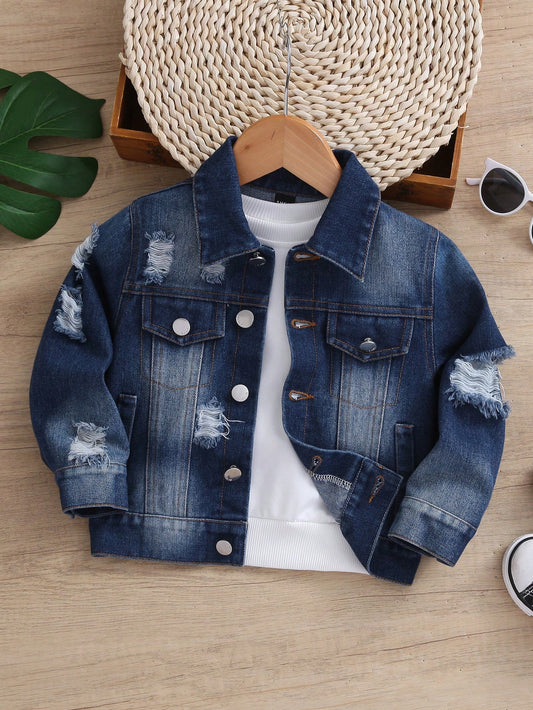 Young Boy 1pc Ripped Flap Pocket Denim Jacket