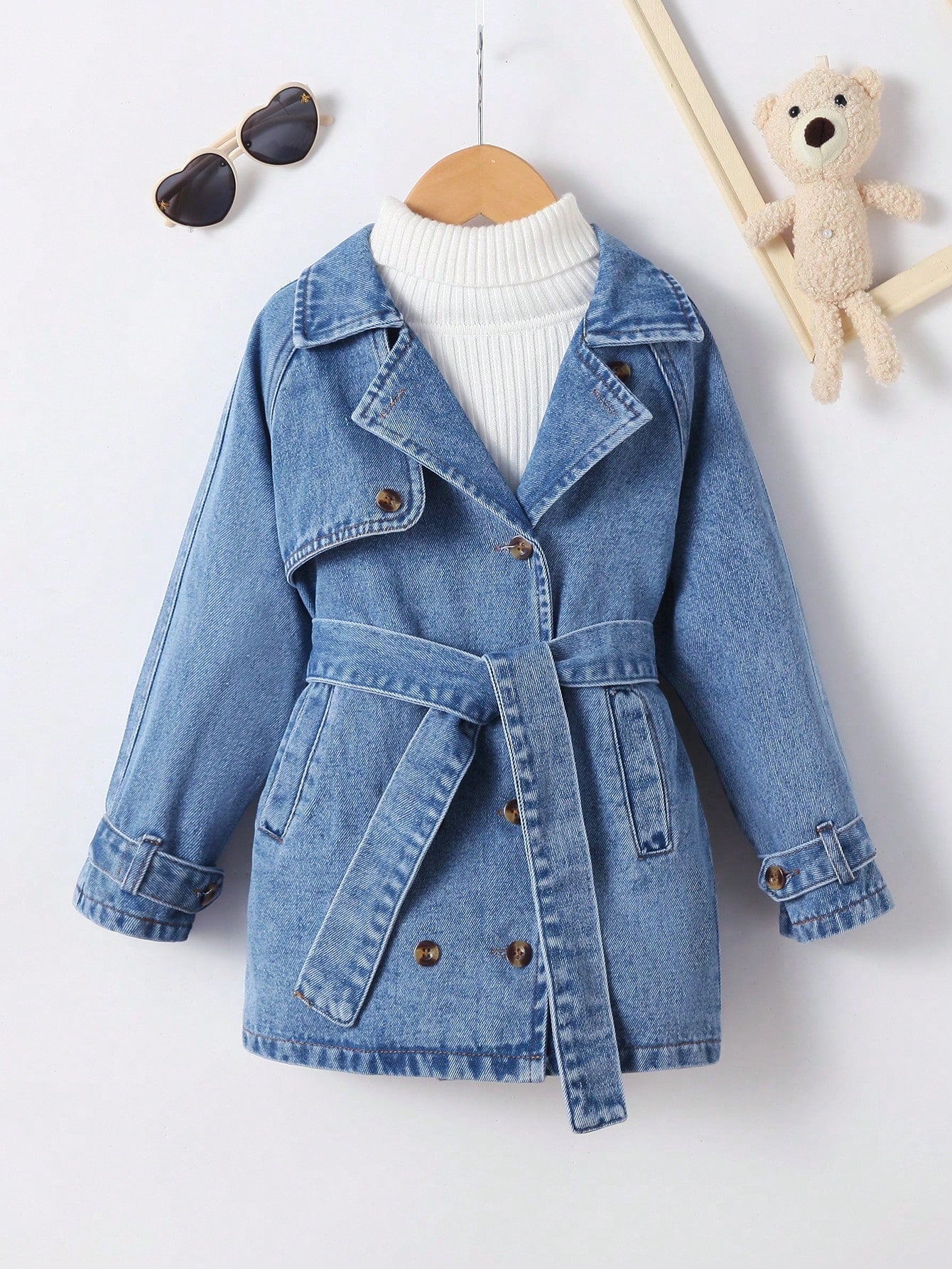 Young Girl Turn-Down Collar Denim Jacket With Waist Drawstring