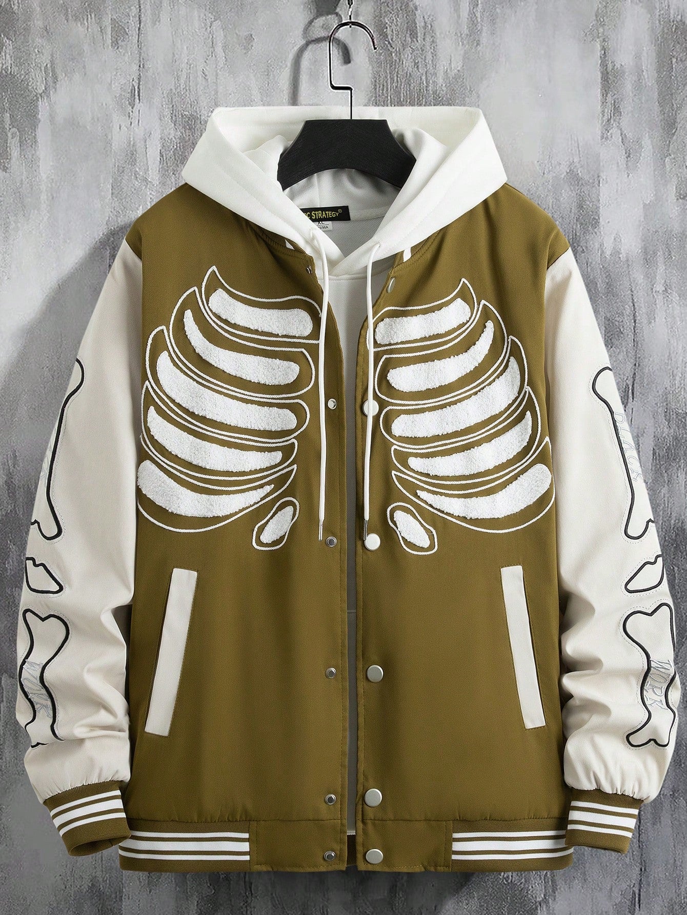 Men Skeleton Print Striped Trim Jacket Without Tee