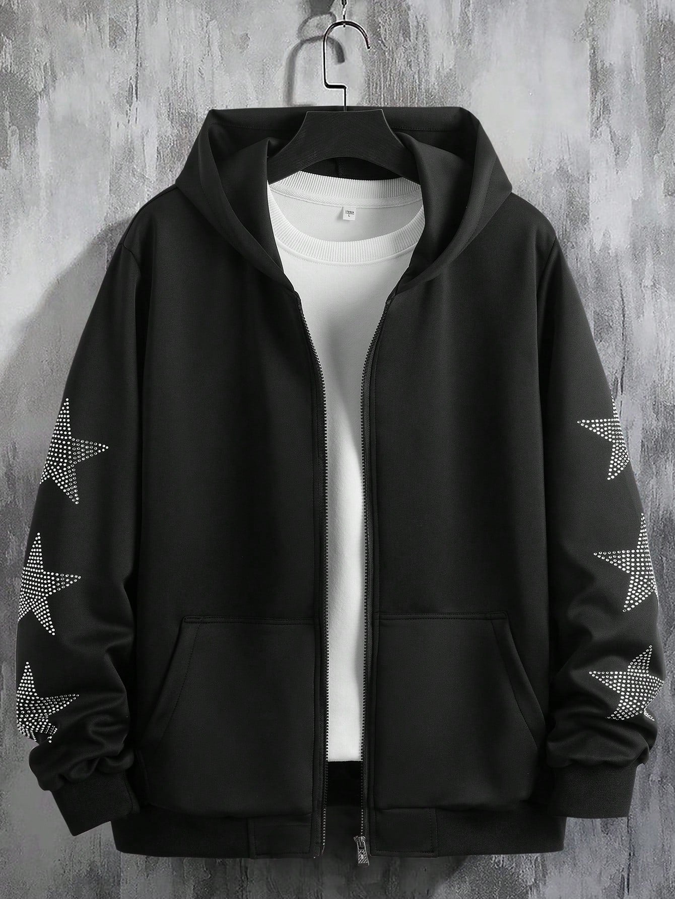 Men Rhinestone Star Pattern Zip Up Hooded Jacket Without Tee