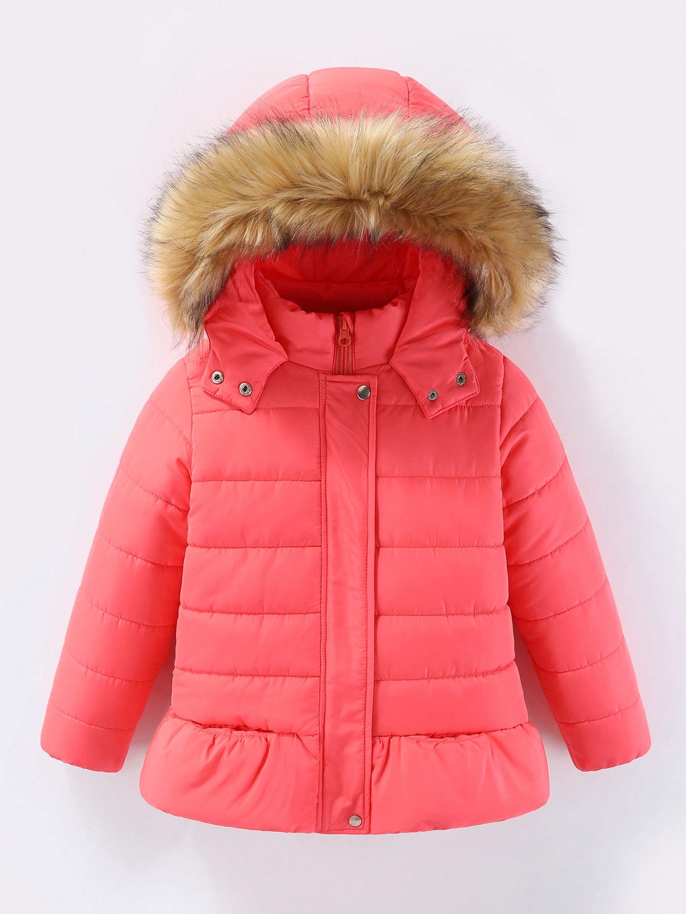 Young Girl Fuzzy Trim Hooded Thermal Lined Puffer Coat