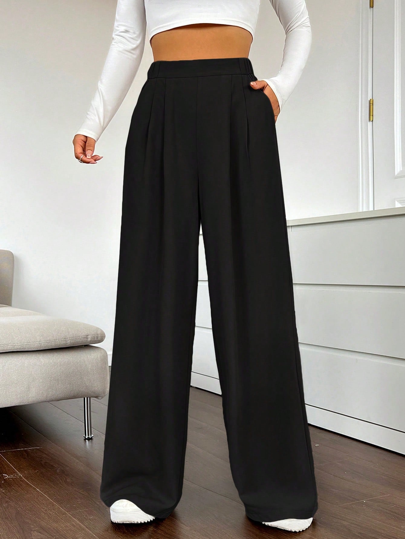 Women's Solid Color Pleated Wide Leg Pants