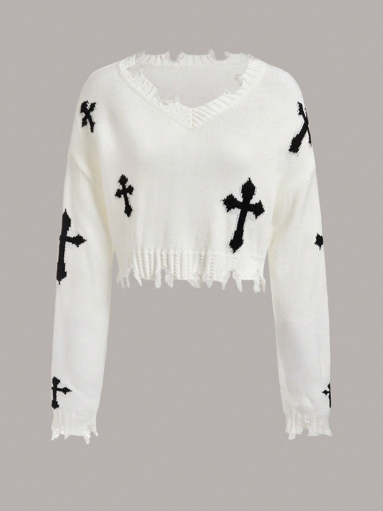 Plus Size Women's Cross Pattern Distressed Sweater Pullover-Black And White