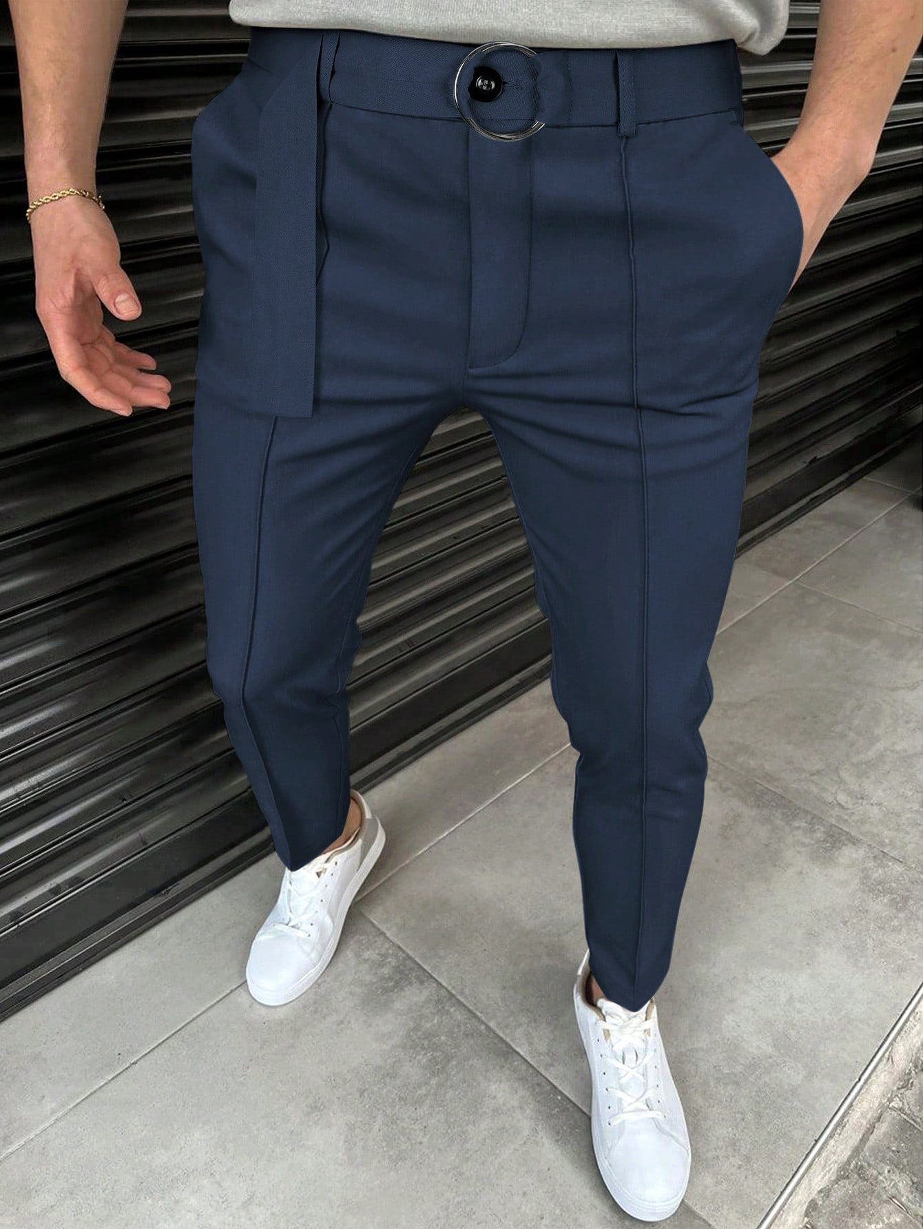 Men Slant Pocket Belted Suit Pants