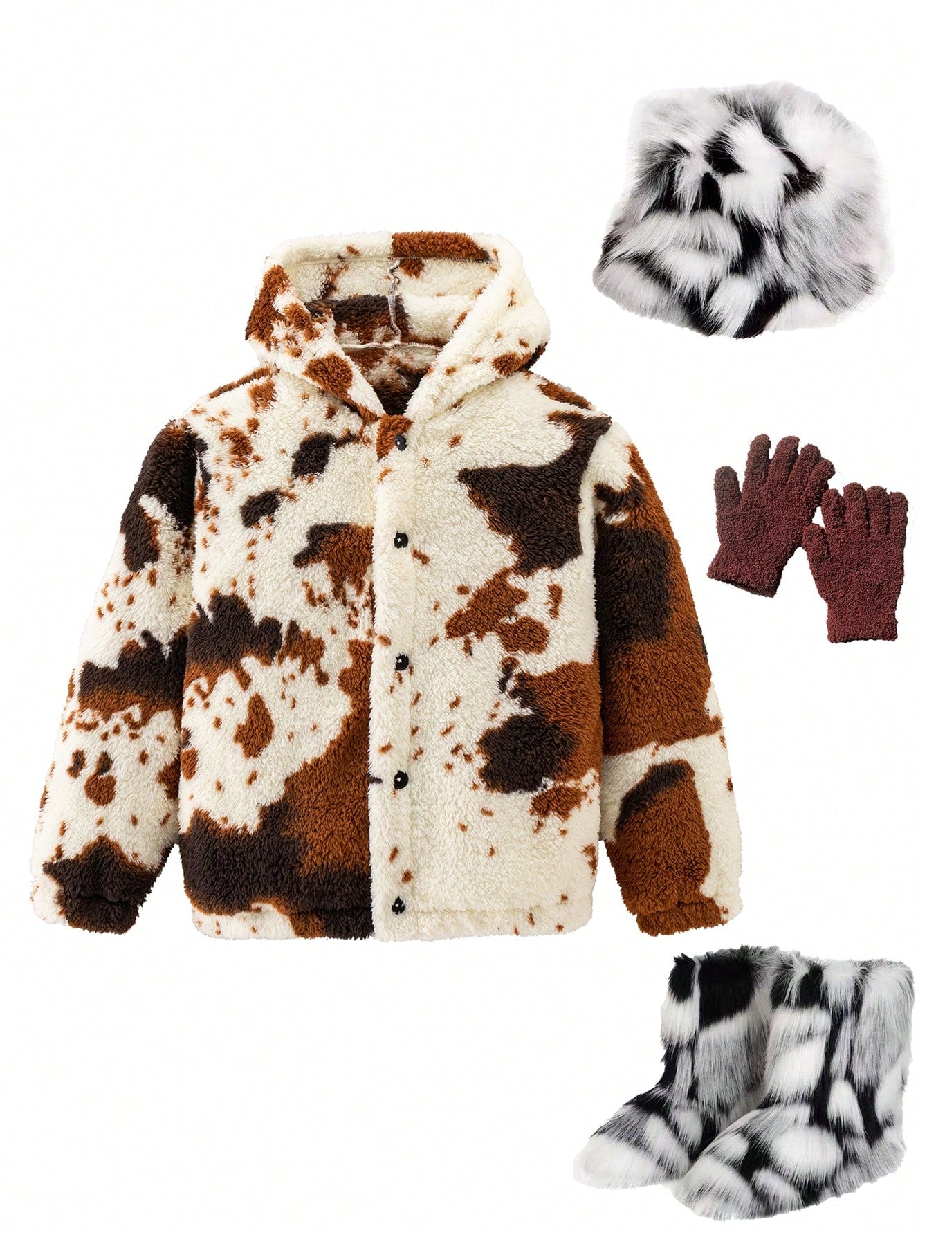 Tween Girl 1pc Graphic Pattern Hooded Fuzzy Coat