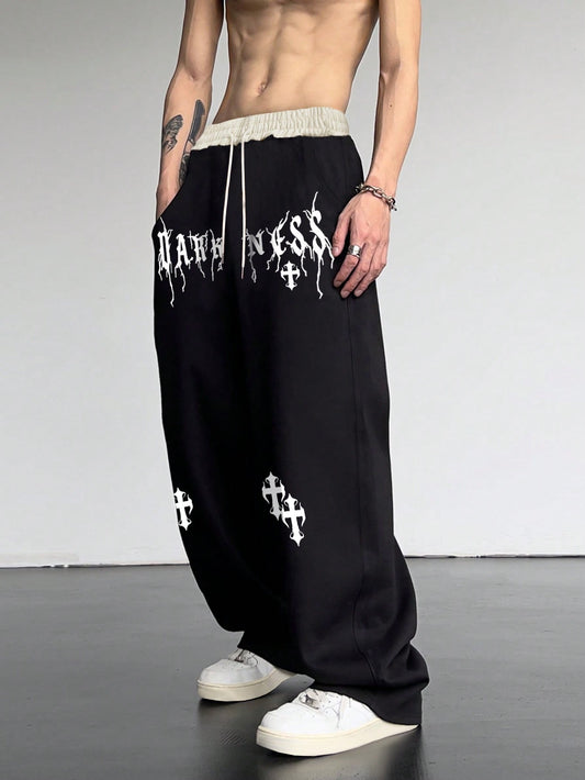 Men Cross Letter Graphic Drawstring Waist Oversize Sweatpants Wide Leg Long Sweat Pant Going Out Goth Boyfriend Gift