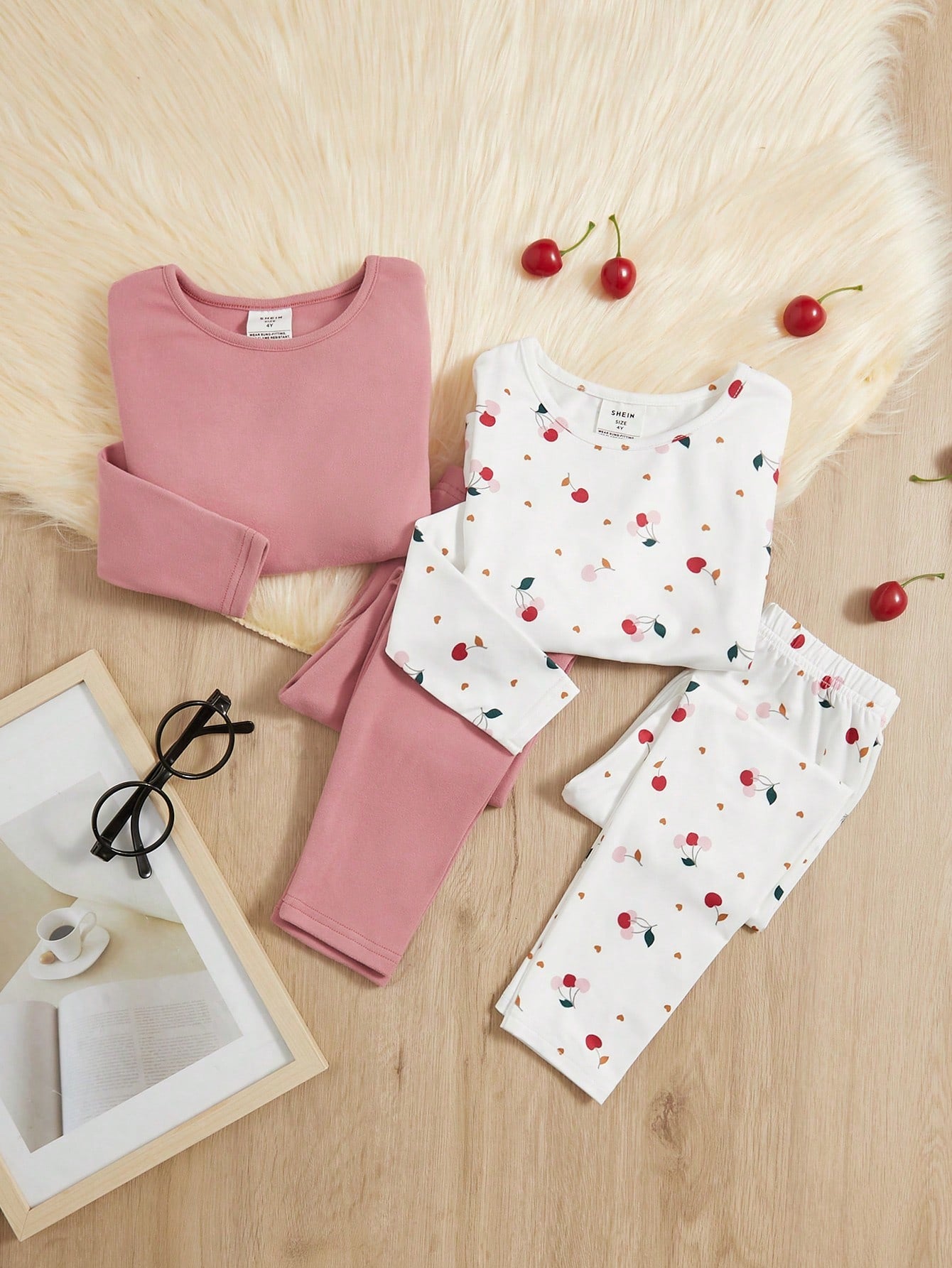 Young Girl 4pcs Knit Cherry Pattern Round Neck Shirt And Pants Snug Fit Sleepwear Set