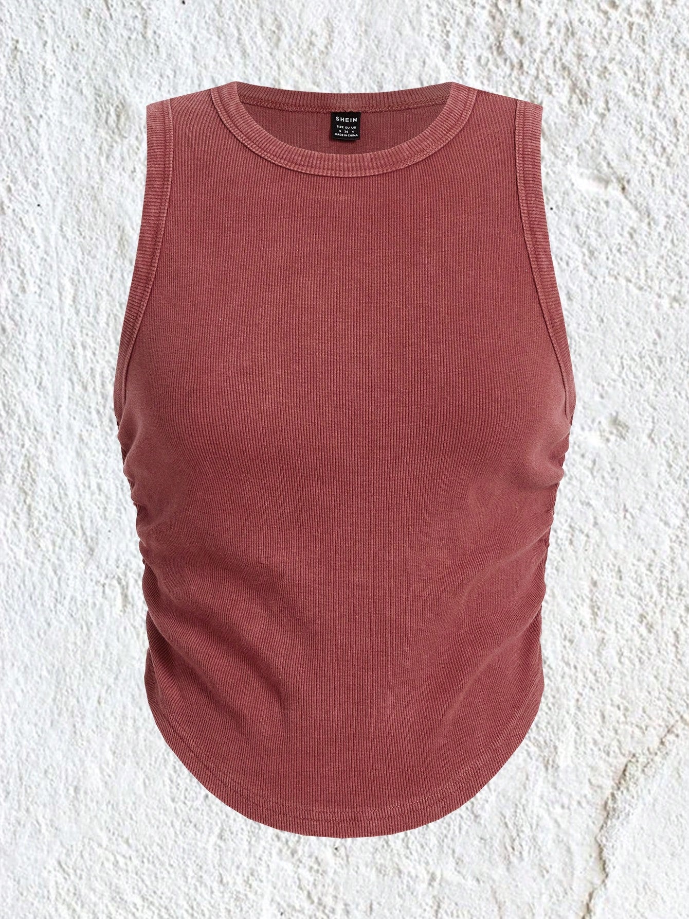 Summer Solid Curved Hem Rib Gathering At Waist Knit Slim Fit Tank Top