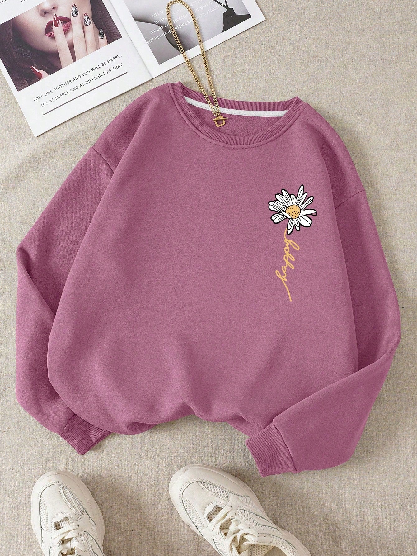 Letter & Floral Print Thermal Pullover