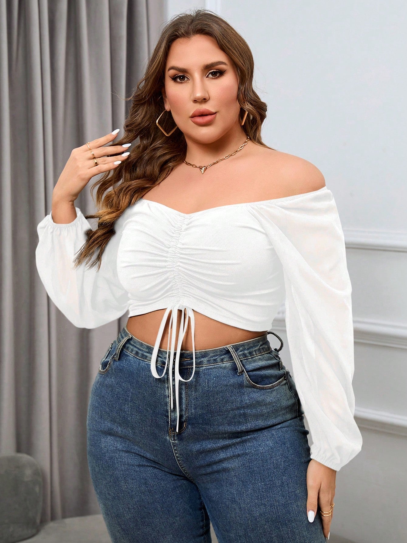 Plus Off Shoulder Drawstring Front Lantern Sleeve Crop Top