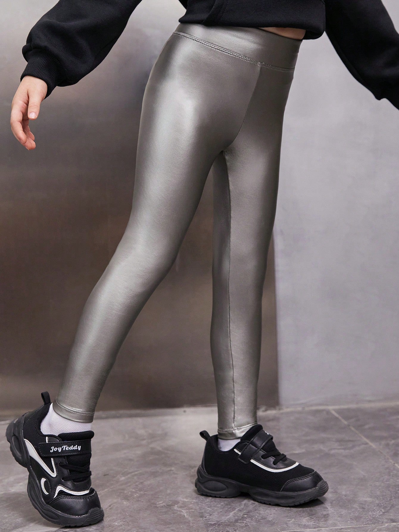 Young Girl Sports Street Wear Pu Leather Clean Color High Stretch Leggings