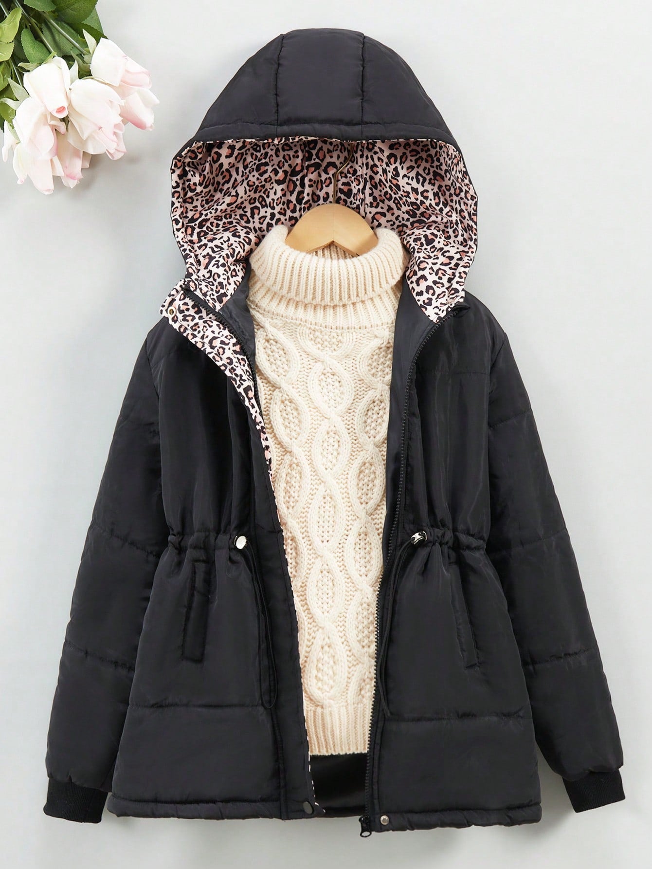 Tween Girl 1pc Drawstring Waist Slant Pocket Hooded Winter Coat