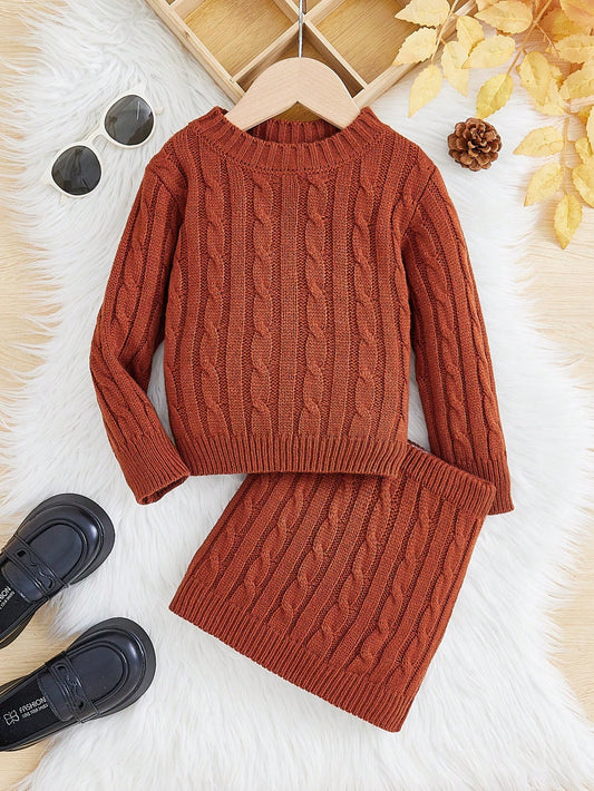 Young Girl Cable Knit Sweater & Knit Skirt